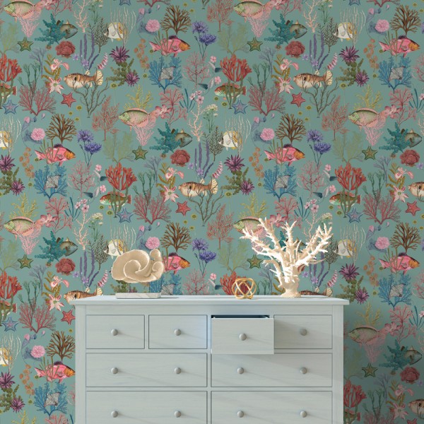 Papel pintado VIDA MARINA VERDE AGUA