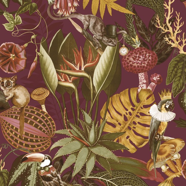 Papel de parede TROPICAL ANIMAIS EXÓTICOS BORGONHA