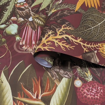 Papel pintado TROPICAL ANIMALES EXÓTICOS BURDEOS