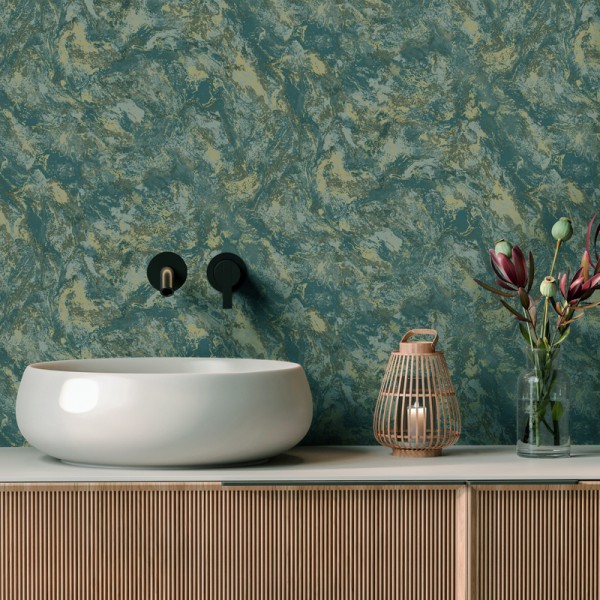 Papel pintado MÁRMOL PIEDRA NATURAL AZUL VERDOSO Y DORADO