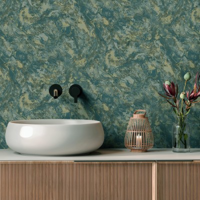 Papel pintado MÁRMOL PIEDRA NATURAL AZUL VERDOSO Y DORADO