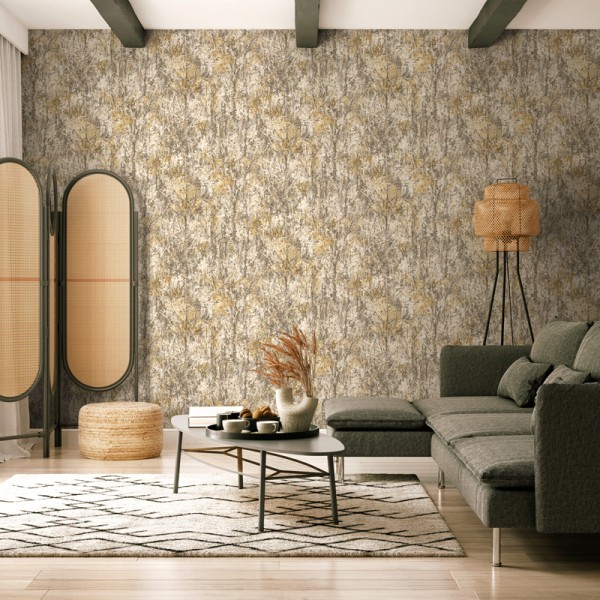 Papel pintado RAMAS ÁRBOLES GRIS Y NARANJA Papel pintado RAMAS ÁRBOLES GRIS Y NARANJA