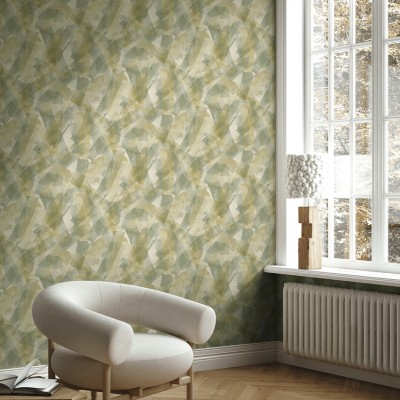 Papel pintado ARTÍSTICO PINCELADAS VERDE DORADO