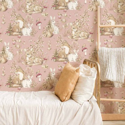 Papel de parede infantil ANIMAIS DO BOSQUE ROSA 2