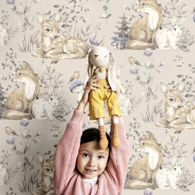 Papel de parede infantil ANIMAIS DO BOSQUE CINZA 2