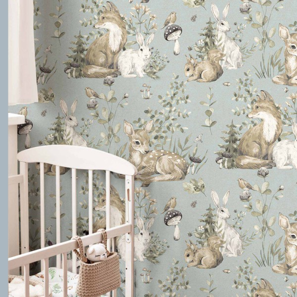 Papel pintado infantil ANIMALES DEL BOSQUE AZUL Papel pintado infantil ANIMALES DEL BOSQUE AZUL