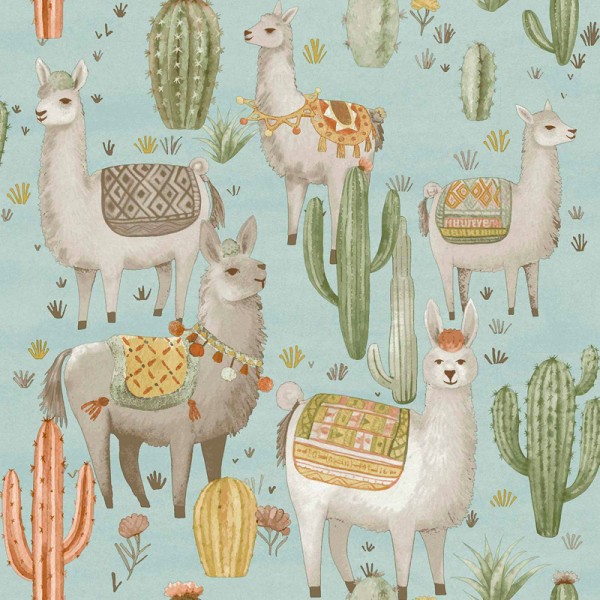 Papel pintado infantil CACTUS Y LLAMAS VERDE AGUA