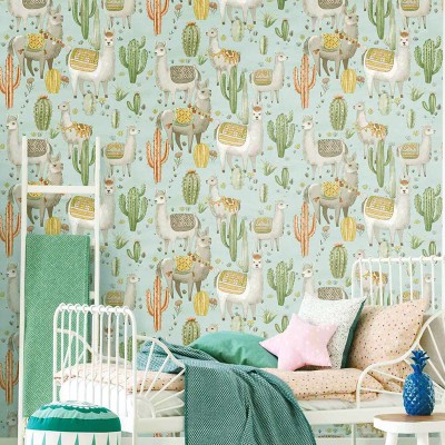 Papel pintado infantil CACTUS Y LLAMAS VERDE AGUA