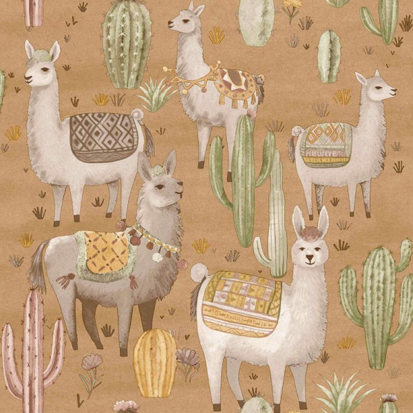 Papel pintado infantil CACTUS Y LLAMAS MARRÓN TIERRA