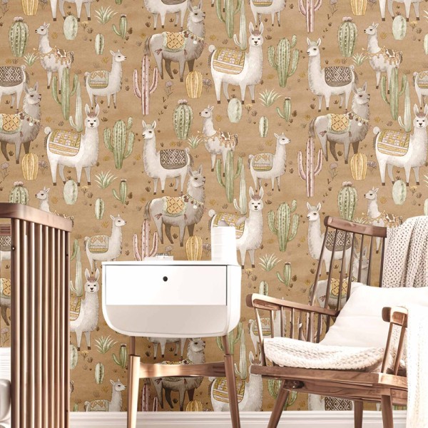 Papel pintado infantil CACTUS Y LLAMAS MARRÓN TIERRA