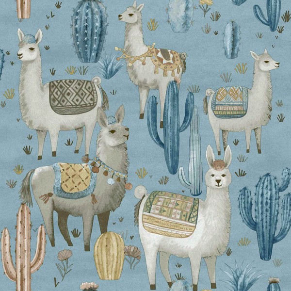 Papel de parede infantil CACTOS E LLHAMAS AZUL