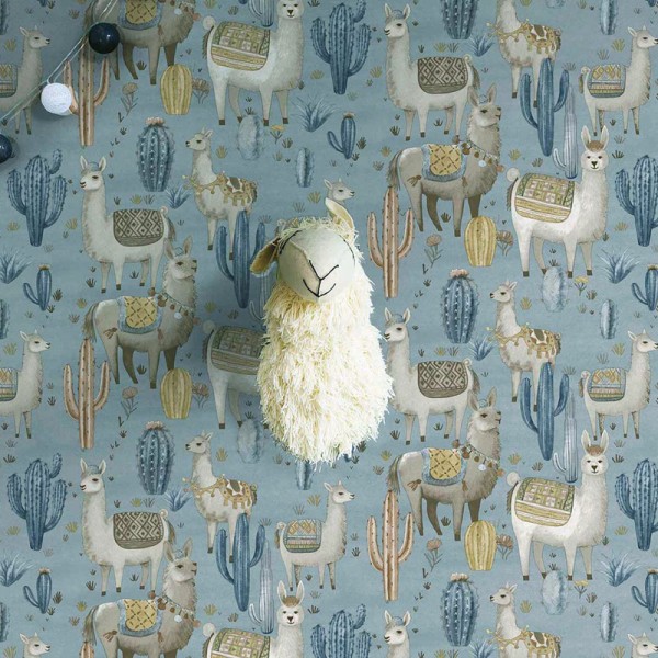 Paper pintat infantil CACTUS I LLAMAS BLAU Paper pintat infantil CACTUS I LLAMAS BLAU