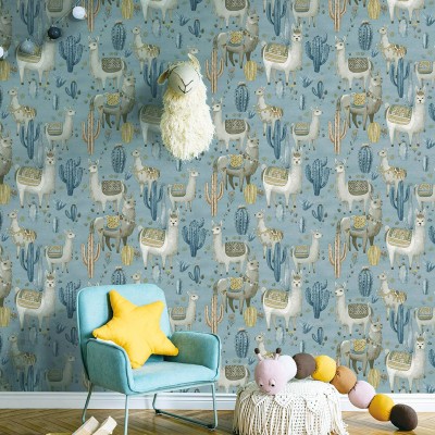 Papel pintado infantil CACTUS Y LLAMAS AZUL