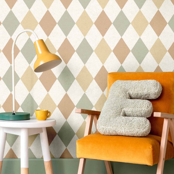 Papel de parede infantil LOSANGOS VERDE, MARROM E DOURADO