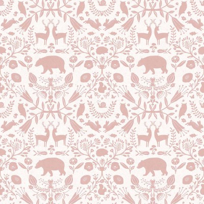 Papel de parede infantil DAMASCO ANIMAIS ROSA