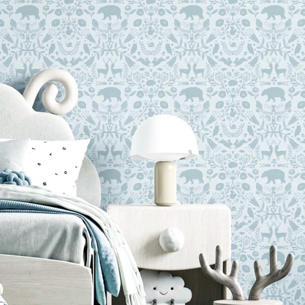 Papel pintado infantil DAMASCO ANIMALES AZUL Papel pintado infantil DAMASCO ANIMALES AZUL