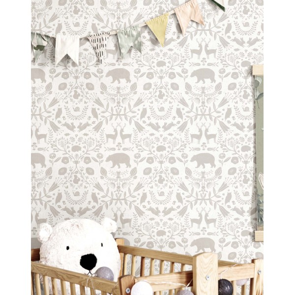 Papel pintado infantil DAMASCO ANIMALES beige grisáceo Papel pintado infantil DAMASCO ANIMALES beige grisáceo