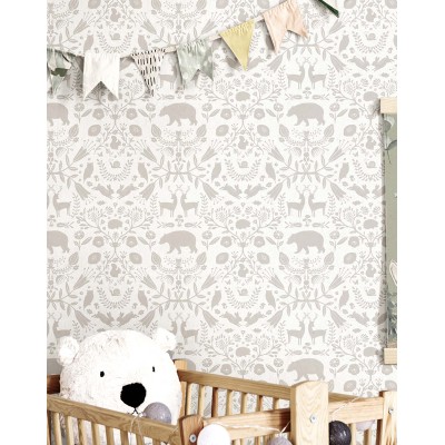 Papel de parede infantil DAMASCO ANIMAIS BEGE CINZA Papel de parede infantil DAMASCO ANIMAIS BEGE CINZA