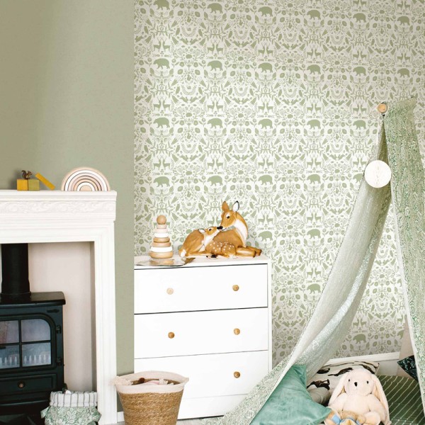 Papel pintado infantil DAMASCO ANIMALES VERDE