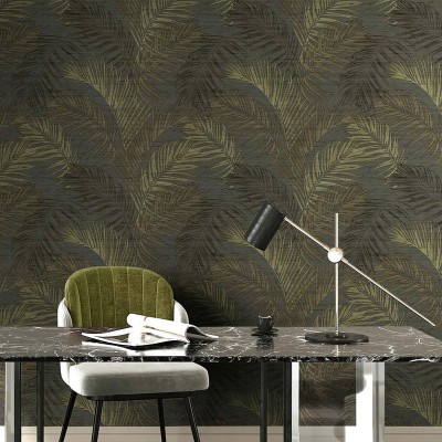 Papel de parede FOLHAS DE PALMEIRA VERDE DOURADO COM PRETO 33319 2