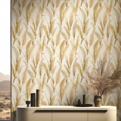 Papel de parede FOLHAS EFEITO BORDADO BEGE DOURADO 39002