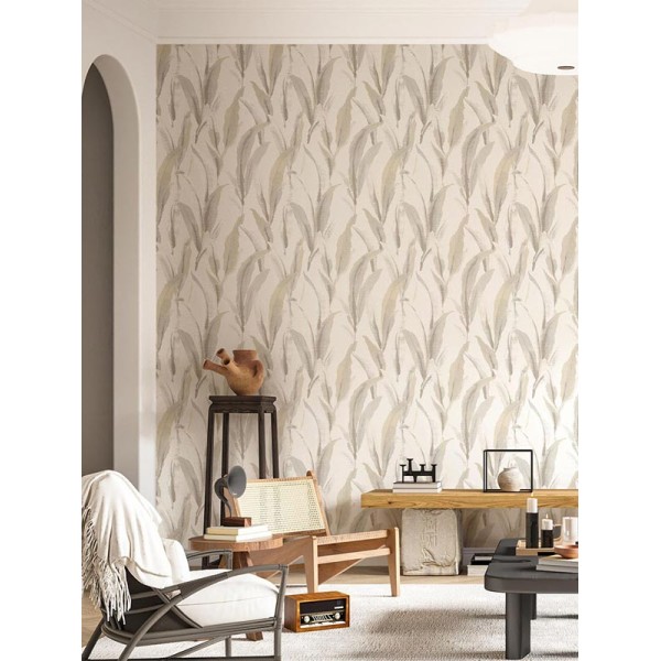 Papel pintado HOJAS EFECTO BORDADO GRIS Y BEIGE 39001
