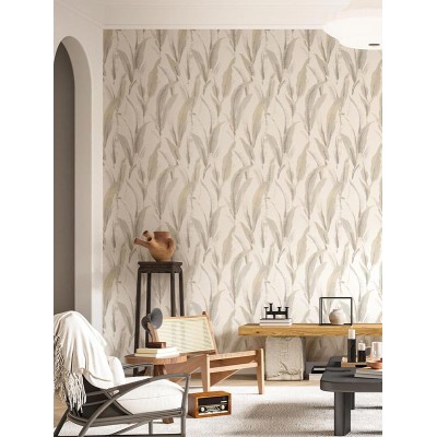 Papel pintado HOJAS EFECTO BORDADO GRIS Y BEIGE 39001
