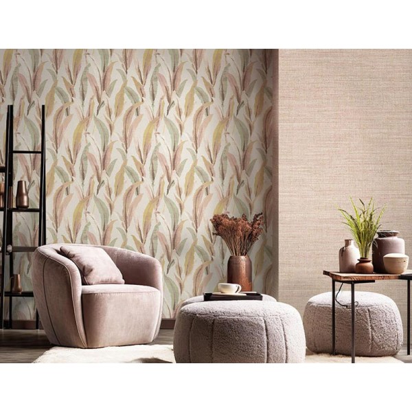 Papel de parede FOLHAS EFEITO BORDADO ROSA E VERDE 39004