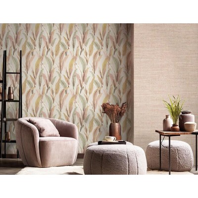 Papel de parede FOLHAS EFEITO BORDADO ROSA E VERDE 39004