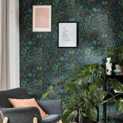 Papel pintado JARDÍN ACUARELA TURQUESA Y NEGRO GNL2_10169_76_92