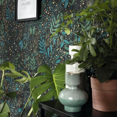 Papel pintado JARDÍN ACUARELA TURQUESA Y NEGRO GNL2_10169_76_92