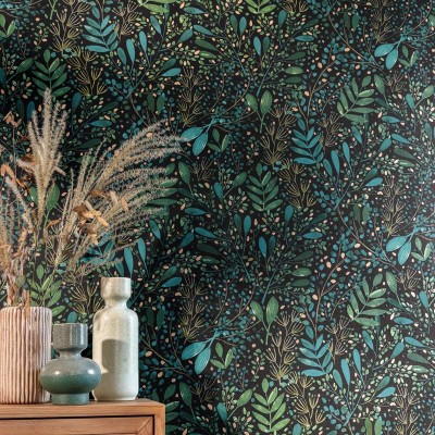 Papel pintado JARDÍN ACUARELA TURQUESA Y NEGRO GNL2_10169_76_92