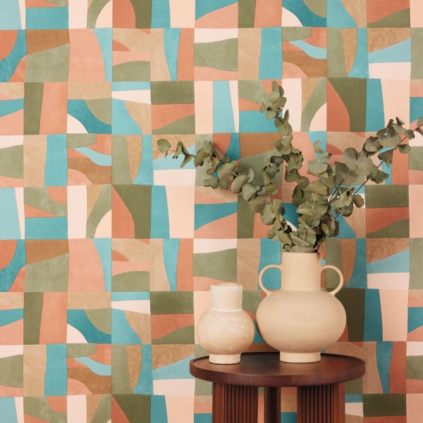 Paper pintat FORMES BLAU VERD I TERRACOTA AZU_10546_36_89 Paper pintat FORMES BLAU VERD I TERRACOTA AZU_10546_36_89