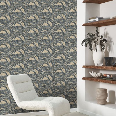 Papel pintado LAGO CON FLAMENCOS AZUL PETROLEO BBLN_8973_65_00