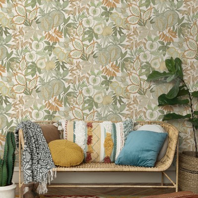 Papel pintado FRUTAS TROPICALES VERDE Y NARANJA JE91840 2