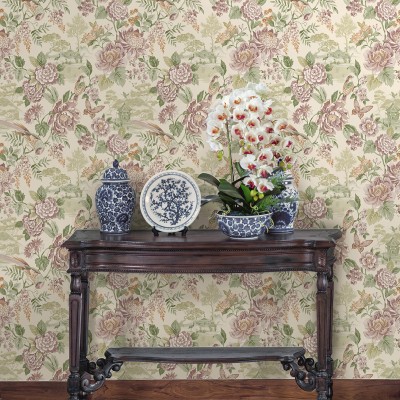 Papel de parede FLORES ORIENTAIS VERDE E ROSA ANTIGO JE91830 2