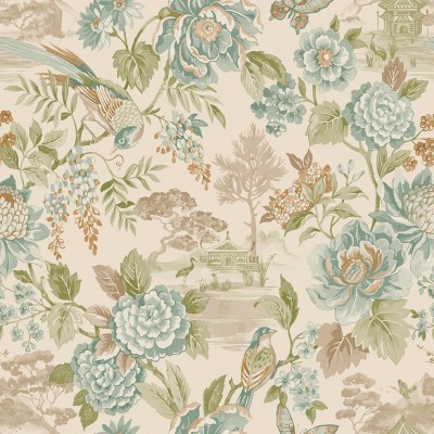 Papel de parede FLORES ORIENTAIS VERDE E AZUL JE91831