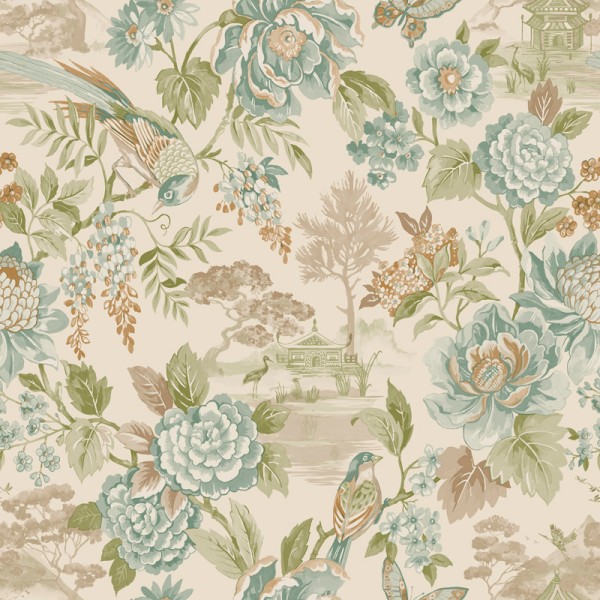 Papel de parede FLORES ORIENTAIS VERDE E AZUL JE91831