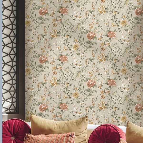 Papel de parede FLORES ASIÁTICAS LARANJA BEGE JE91853