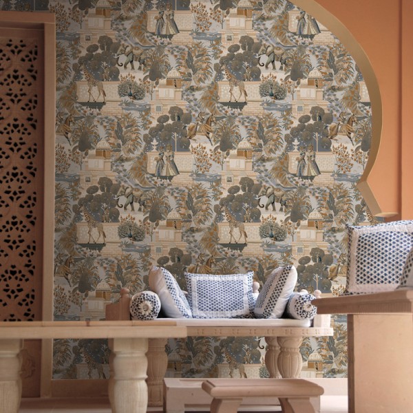 Papel pintado ARQUÍTECTURA ÍNDIA AZUL Y NARANJA JE91801