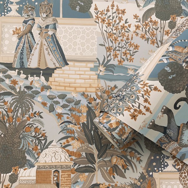 Papel pintado ARQUÍTECTURA ÍNDIA AZUL Y NARANJA JE91801