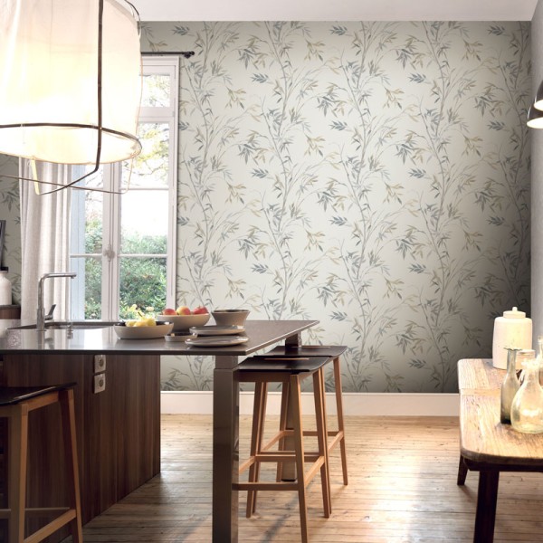 Papel de parede BAMBU FOLHAS BEGE E AZUL ACINZENTADO 10388-38