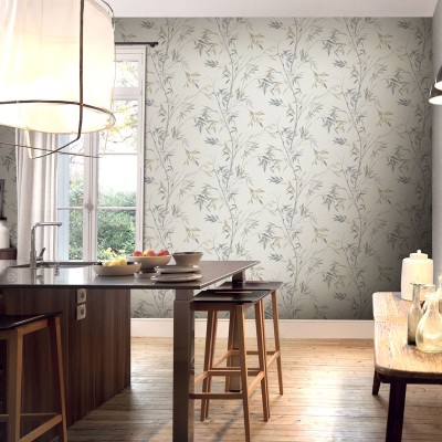 Papel pintado BAMBÚ HOJAS BEIGE Y AZUL GRISÁCEO 10388-38