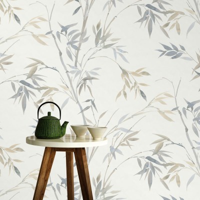Papel de parede BAMBU FOLHAS BEGE E AZUL ACINZENTADO 10388-38