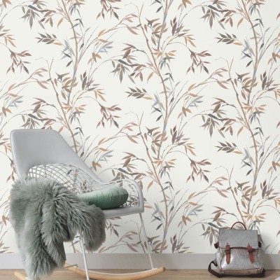 Papel de parede BAMBU FOLHAS MARRONS E CINZA AZUL 10388-11 2