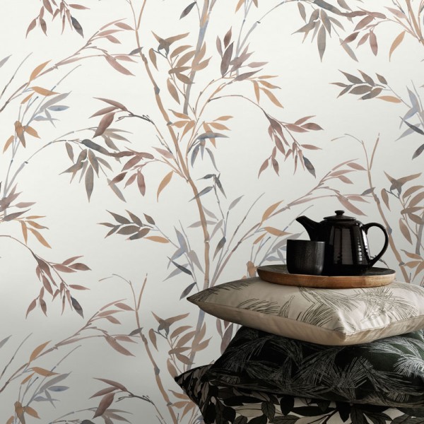 Papel pintado BAMBÚ HOJAS MARRONES Y GRIS AZULADO 10388-11