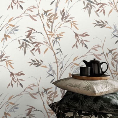 Papel de parede BAMBU FOLHAS MARRONS E CINZA AZUL 10388-11 Papel de parede BAMBU FOLHAS MARRONS E CINZA AZUL 10388-11