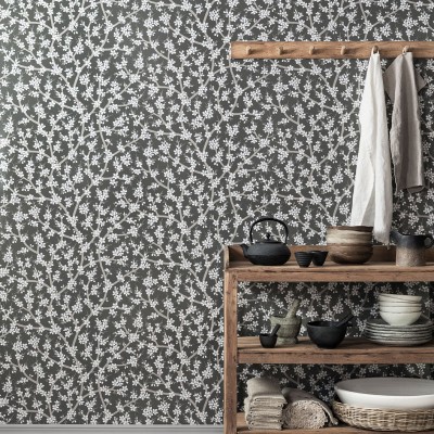 Paper pintat FLORS CIRERER BLANC I NEGRE 5309-4 Paper pintat FLORS CIRERER BLANC I NEGRE 5309-4