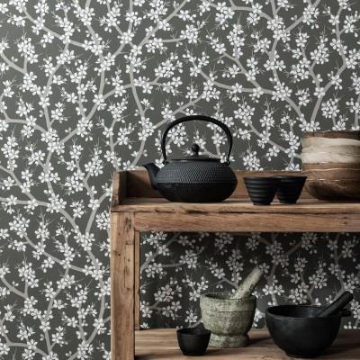 Paper pintat FLORS CIRERER BLANC I NEGRE 5309-4 2