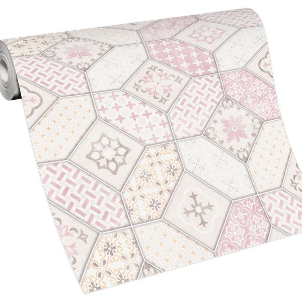 Papel pintado AZULEJOS HIDRÁULICO ROSA Y NARANJA Papel pintado AZULEJOS HIDRÁULICO ROSA Y NARANJA